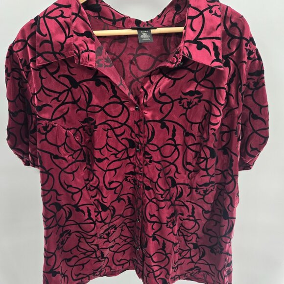 Lane Bryant Burgundy Black Velvet Burnout Button Down Short Sleeved Top 22/24 - Picture 1 of 12